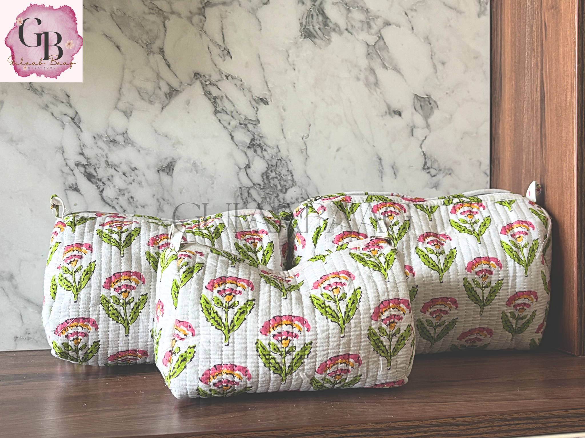 Block-Print Travel Pouches (Set of 3) - Pink