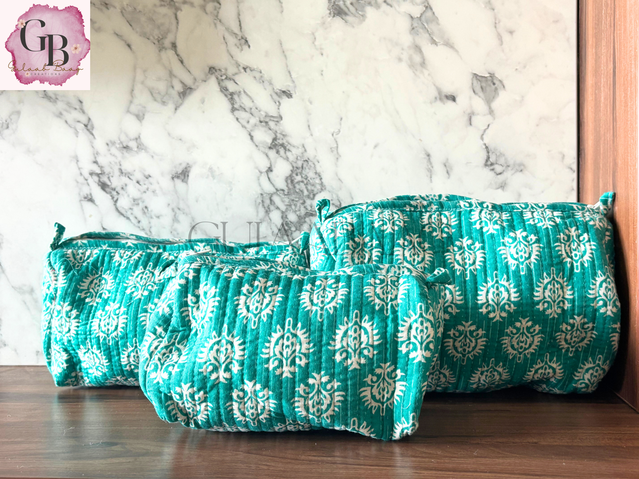 Block-Print Travel Pouches (Set of 3) - Turquoise Hues